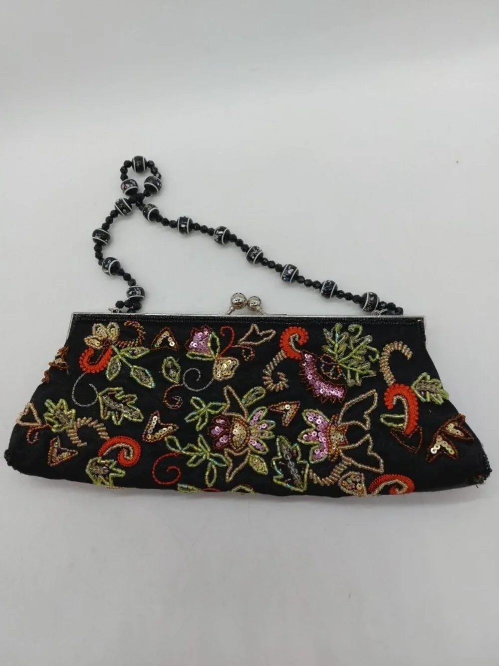 Beaded Purse Bag Handbag Kiss Clasp Black Floral Multicolor